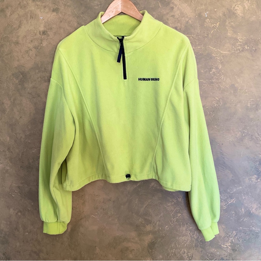 H&M Human Being Micro Fleece Quarter Zip Fleece Pullover Green Cropped
